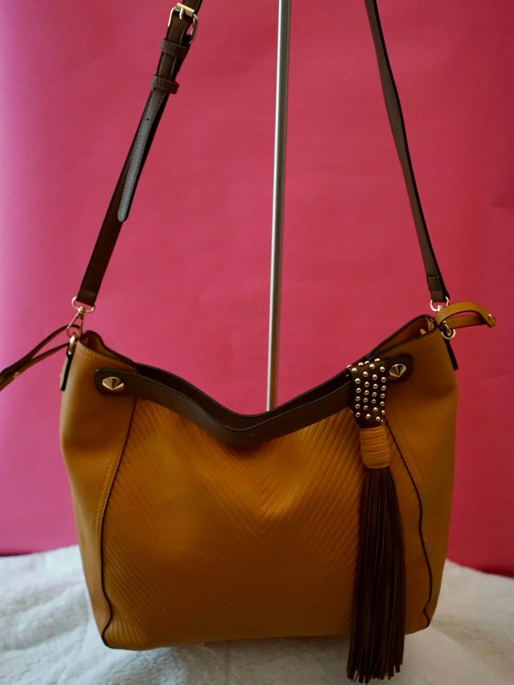 Mustard Yellow Chevron Vegan Leather Hobo Bag Studded Tassel Shoulder Bag